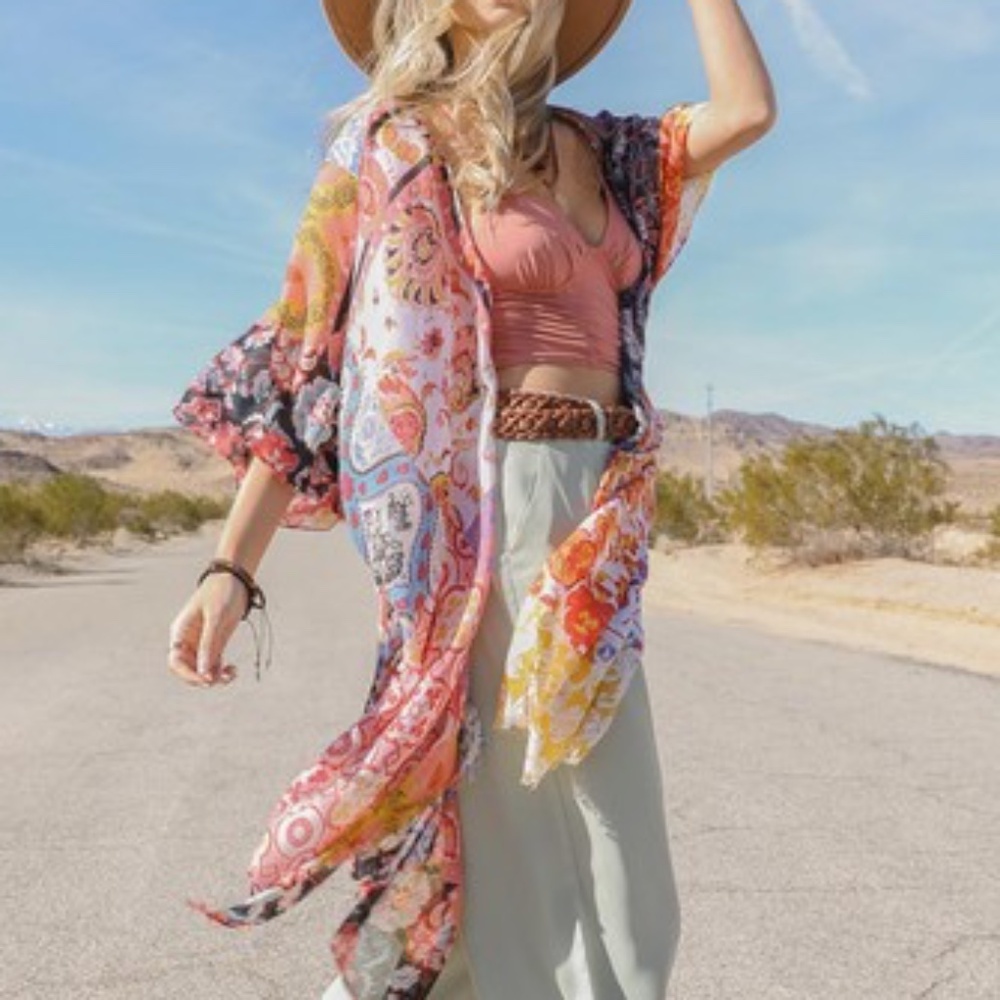 Boho Colorful Floral Patchwork Open Front Cover up Kimono - Picture 5 of 8